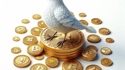 an image of a bird sitting on top of stacks of cryptocurrency coins. this bird is a crypto early bird.